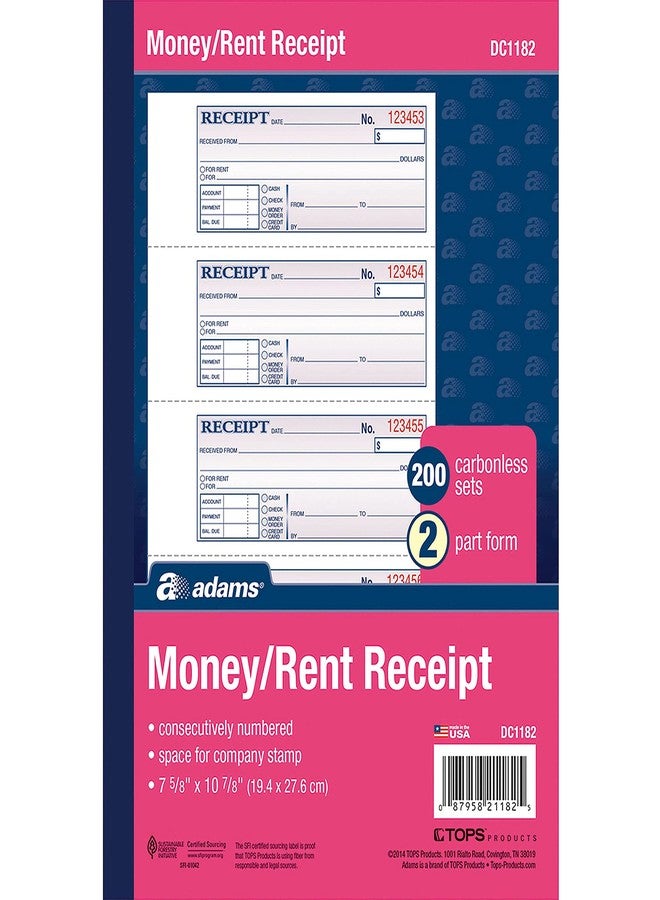 Adams Money and Rent Receipt Book, 2-Part, Carbonless, White/Canary, 7-5/8" x 10-7/8", Bound Wraparound Cover, 200 Sets per Book, 4 Receipts per Page (DC1182) - Image 2